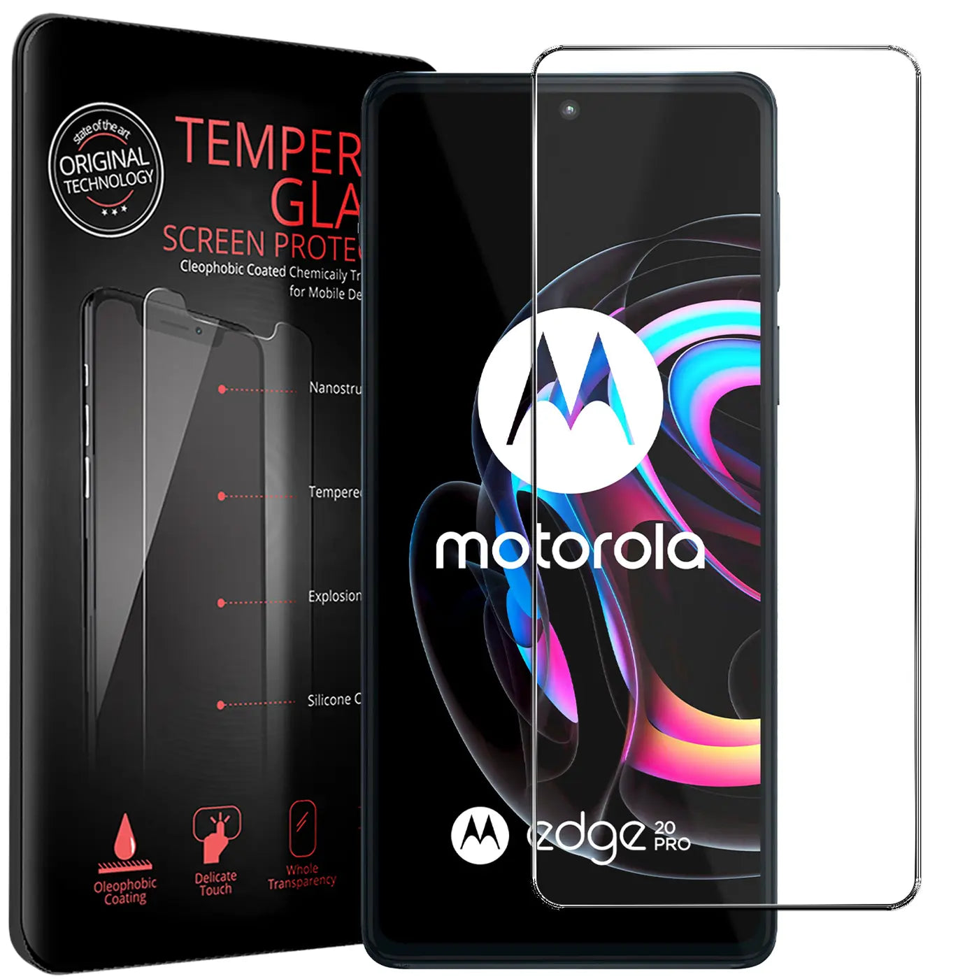 Schwarze Verpackung, Motorola Edge 20 Pro Smartphone und ein durchsichtiges Panzerglas von vorne.