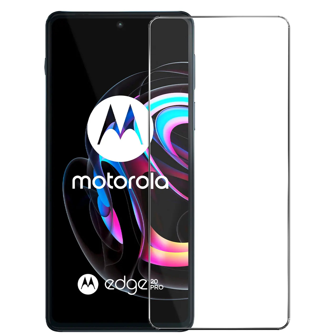 Motorola Edge 20 Pro Smartphone von vorne, links mit Display, rechts daneben ein klarer Panzerglas Displayschutz.
