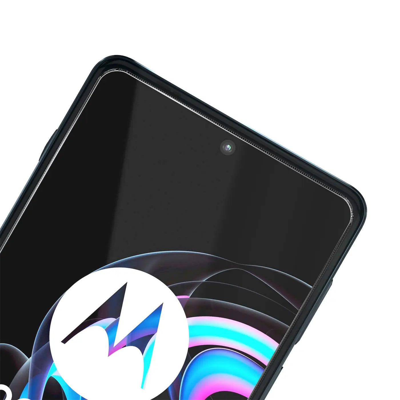 Nahaufnahme des oberen rechten Bereichs eines schwarzen Motorola Edge 20 Pro mit Panzerglas-Displayschutz und Motorola-Logo.