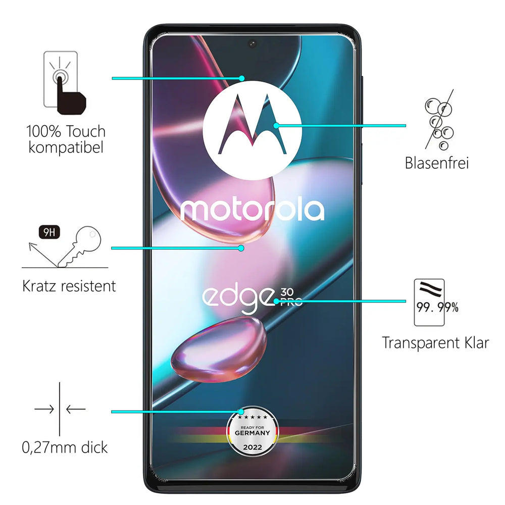 Schwarzes Motorola Edge 30 Pro Smartphone, frontal, mit transparentem Panzerglas und Infografiken zu Eigenschaften.