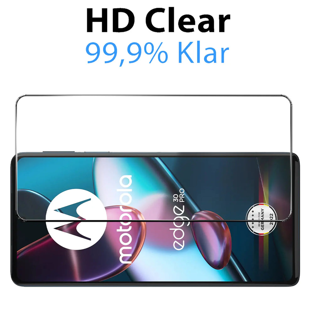 Klares Panzerglas auf einem schwarzen Motorola Edge 30 Smartphone, von vorne oben, mit HD Clear Schriftzug.