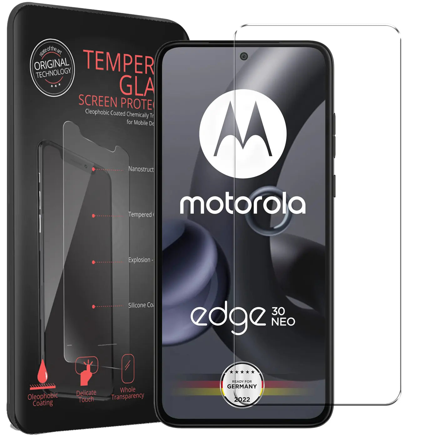 Schwarze Verpackung mit Panzerglas-Details, daneben ein schwarzes Motorola Edge 30 Neo mit aufgelegtem, klarem Panzerglas.
