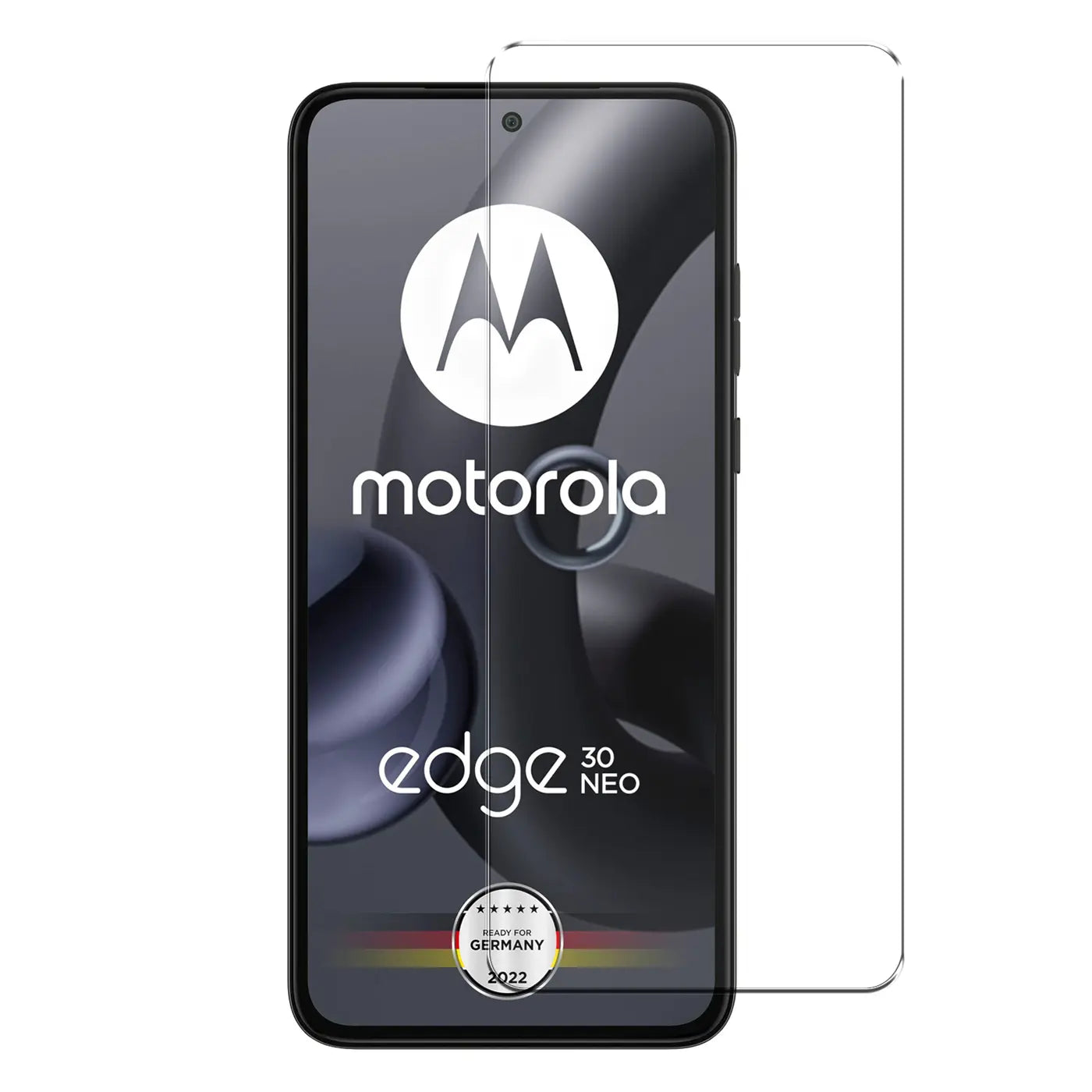 Schwarzes Motorola Edge 30 Neo Smartphone mit transparentem Panzerglas-Displayschutz von vorne, leicht schräg von rechts.