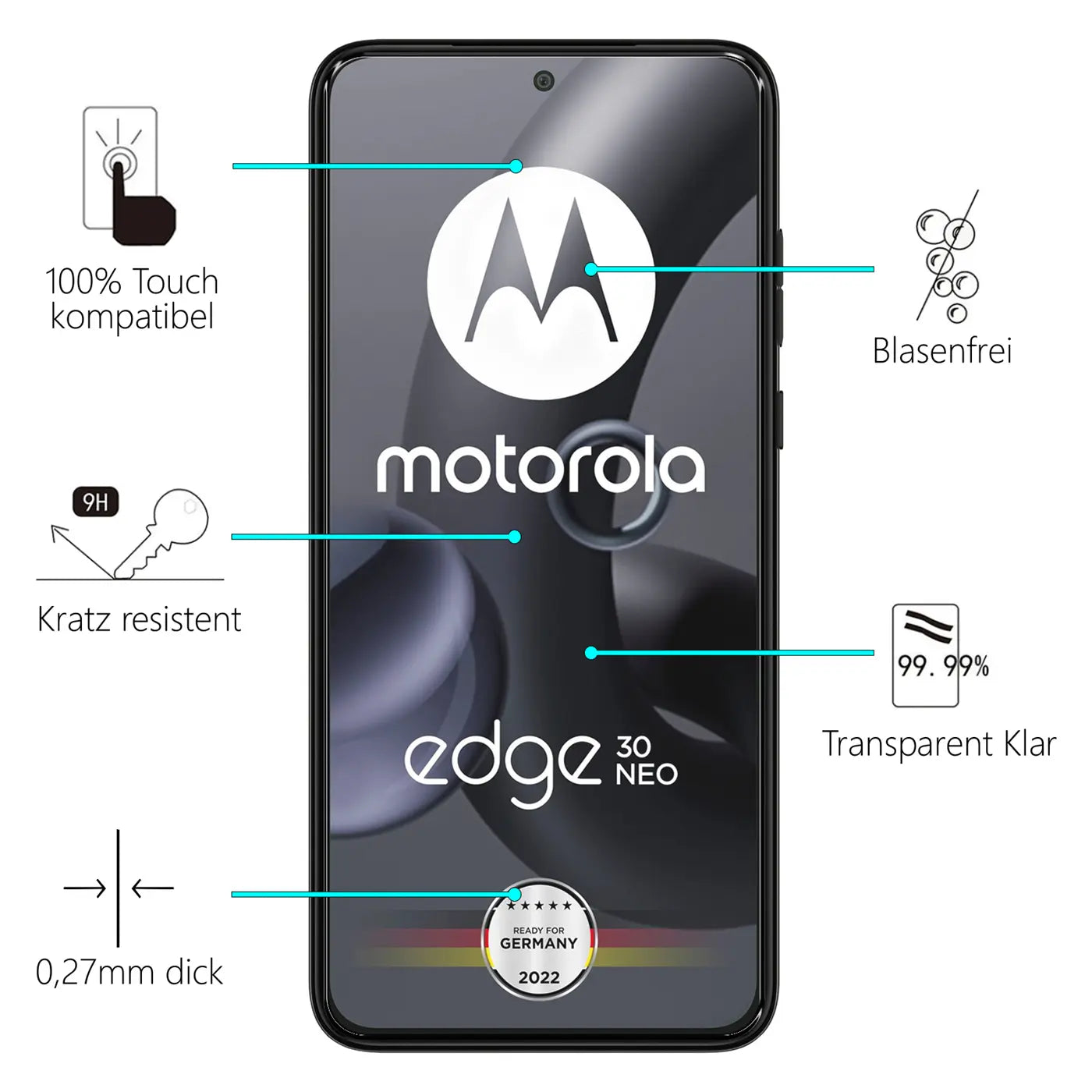 Motorola Edge 30 Neo Smartphone, schwarz, frontal, mit transparentem Panzerglas-Displayschutz und Produktmerkmalen.