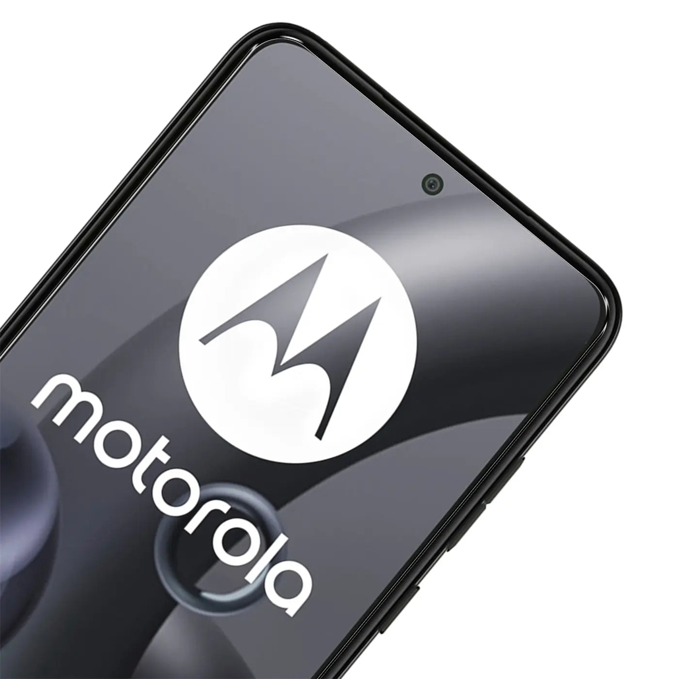 Motorola Edge 30 Neo Smartphone, schwarzes Display mit Motorola-Logo, schräg von oben rechts fotografiert.