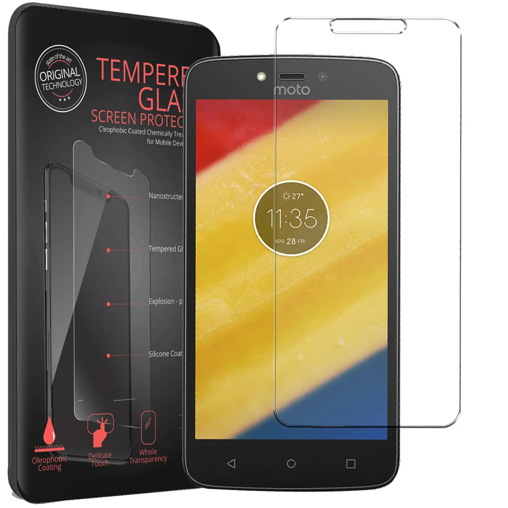 Schwarze Verpackung mit "TEMPERED GLASS SCREEN PROTECTOR" Text, daneben ein schwarzes Motorola Moto C mit Panzerglas.