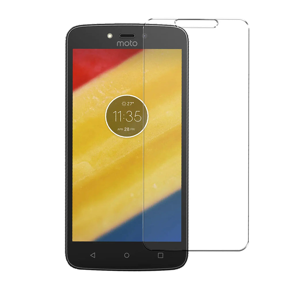 Motorola Moto C Smartphone mit schwarzem Rahmen und transparentem Panzerglas-Displayschutz, frontal.