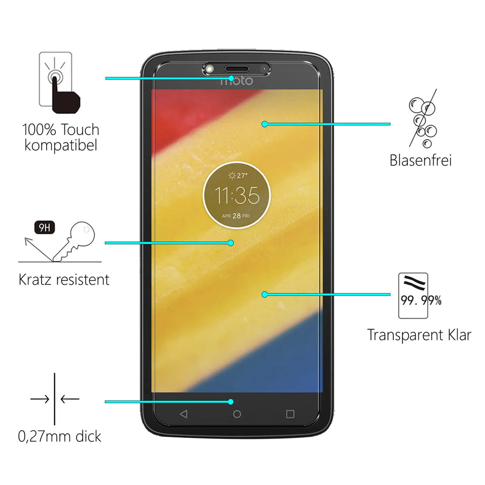 Motorola Moto C mit transparentem Panzerglas-Displayschutz von vorne, umgeben von Produktmerkmalen.