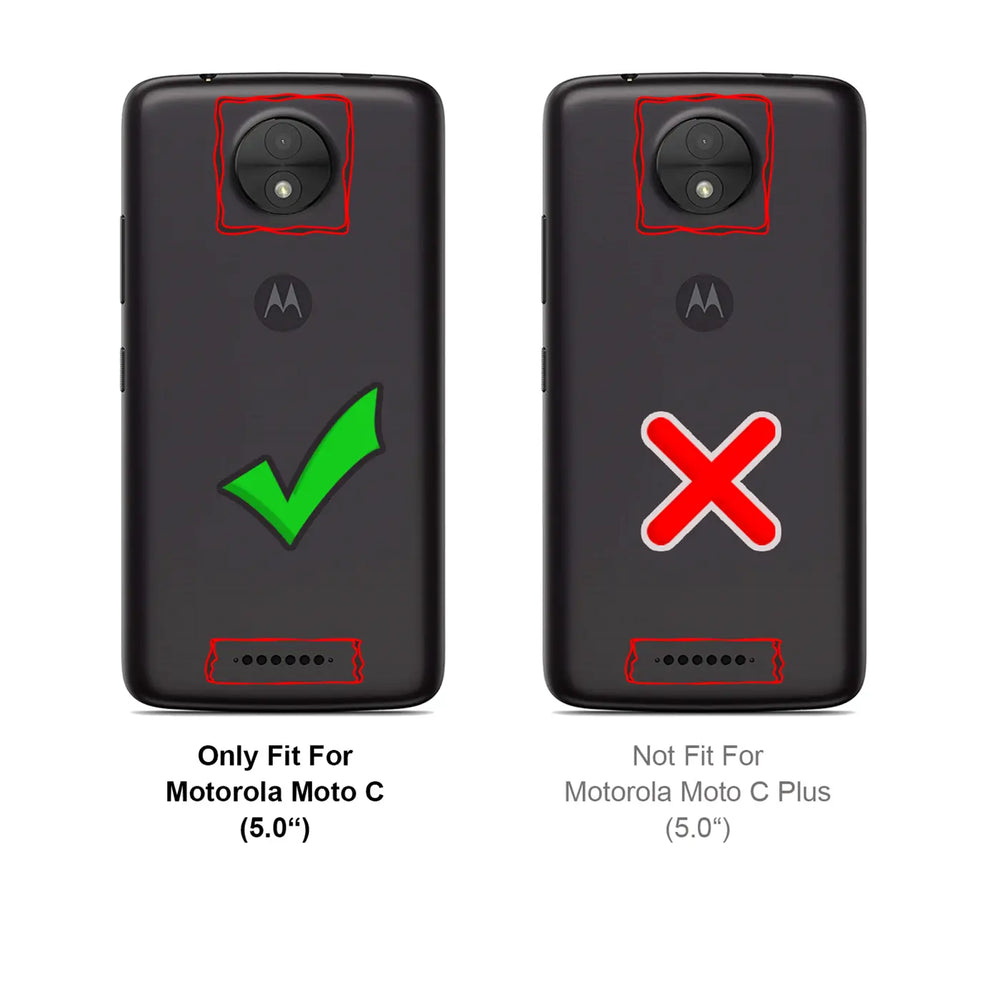 Rückseite von zwei schwarzen Motorola Moto C Smartphones, von oben, mit grüner Haken- und roter X-Markierung.
