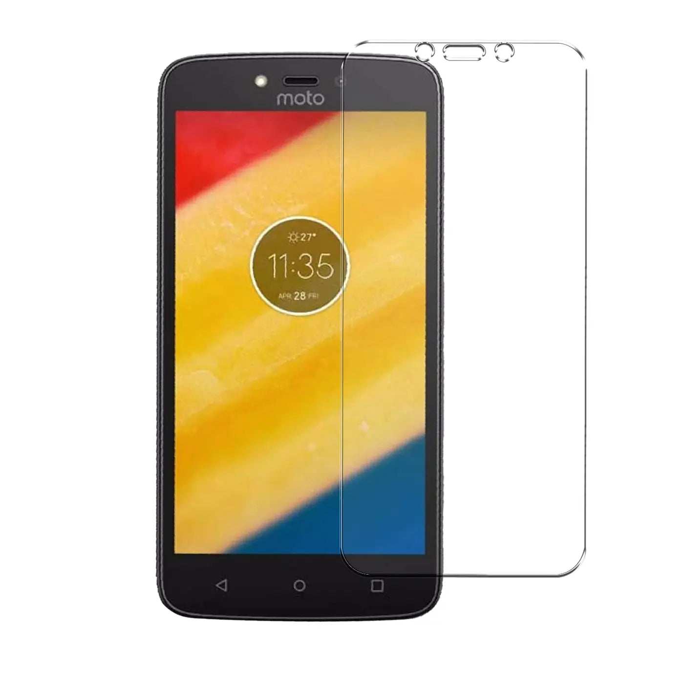 Motorola Moto C Plus, schwarz, mit halb aufgelegtem, transparentem Panzerglas-Displayschutz, von vorne.