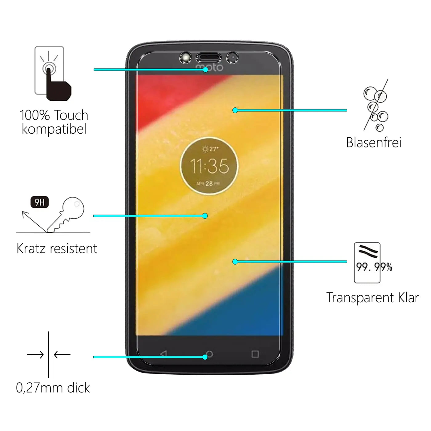 Motorola Moto C Plus mit transparentem Panzerglas-Displayschutz (oben mittig) und Beschreibungen der Eigenschaften.