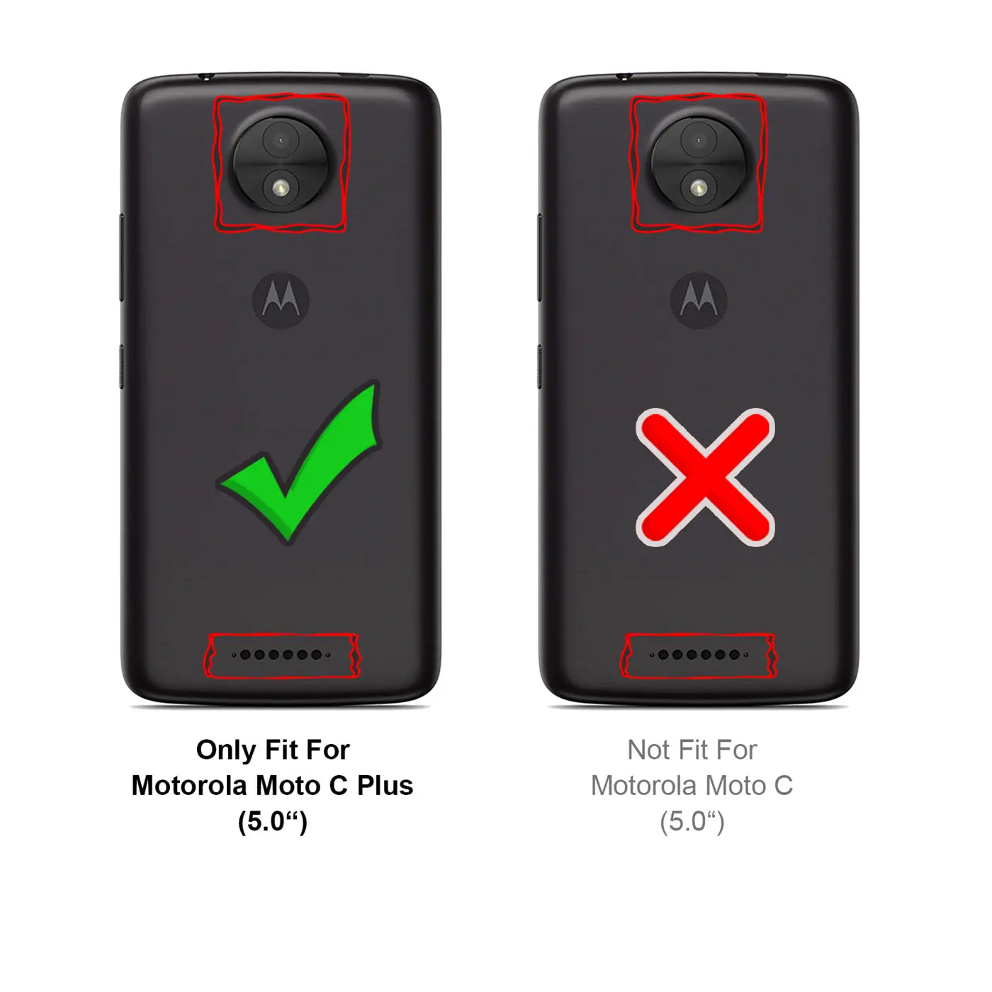 Zwei schwarze Motorola Moto C Plus Rückseiten, von oben. Links mit grünem Haken, rechts mit rotem X.