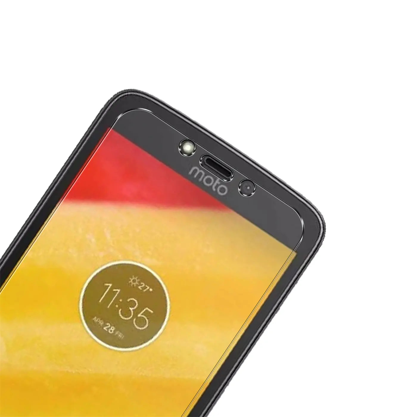Nahaufnahme eines Motorola Moto C Plus Smartphones mit schwarzem Rahmen und Displayschutz, schräg von oben.
