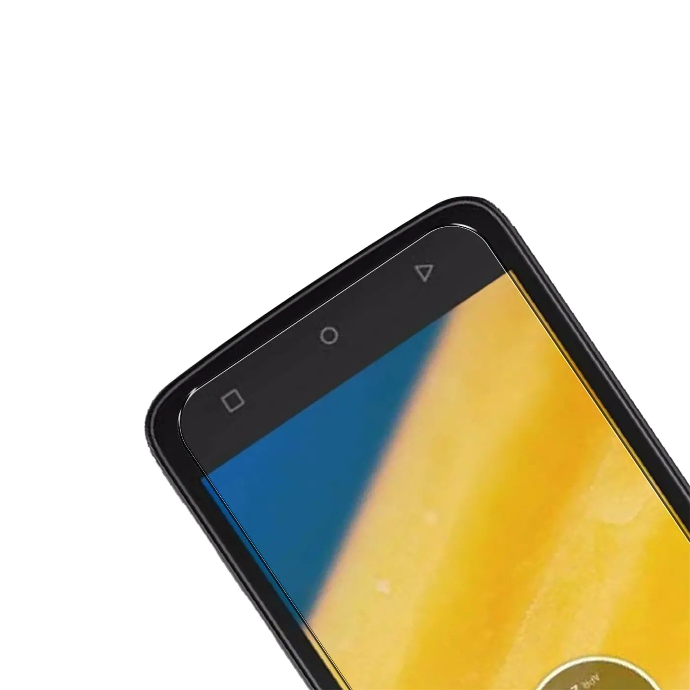 Schwarzes Motorola Moto C Plus Smartphone mit aufgebrachtem, transparentem Panzerglas-Displayschutz, schräg von oben.