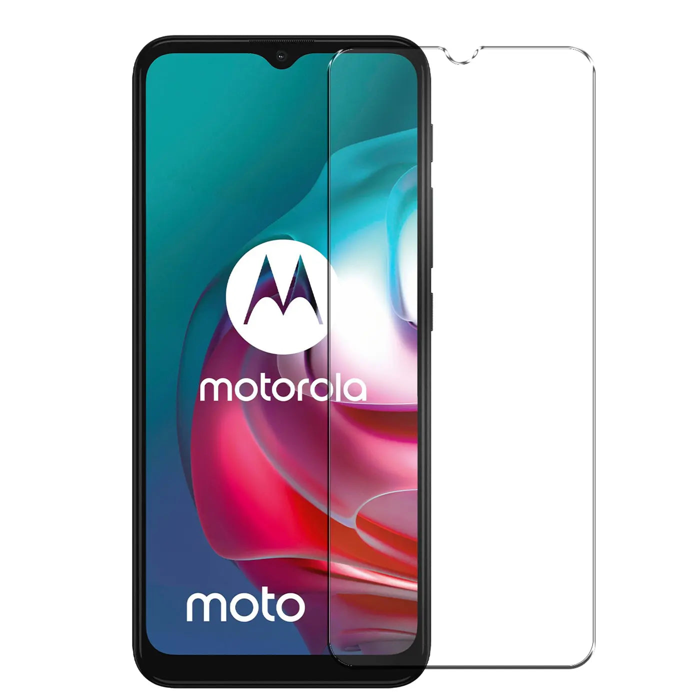 Motorola Moto E13 Smartphone mit halb aufliegendem, transparentem Panzerglas-Displayschutz, von vorne.