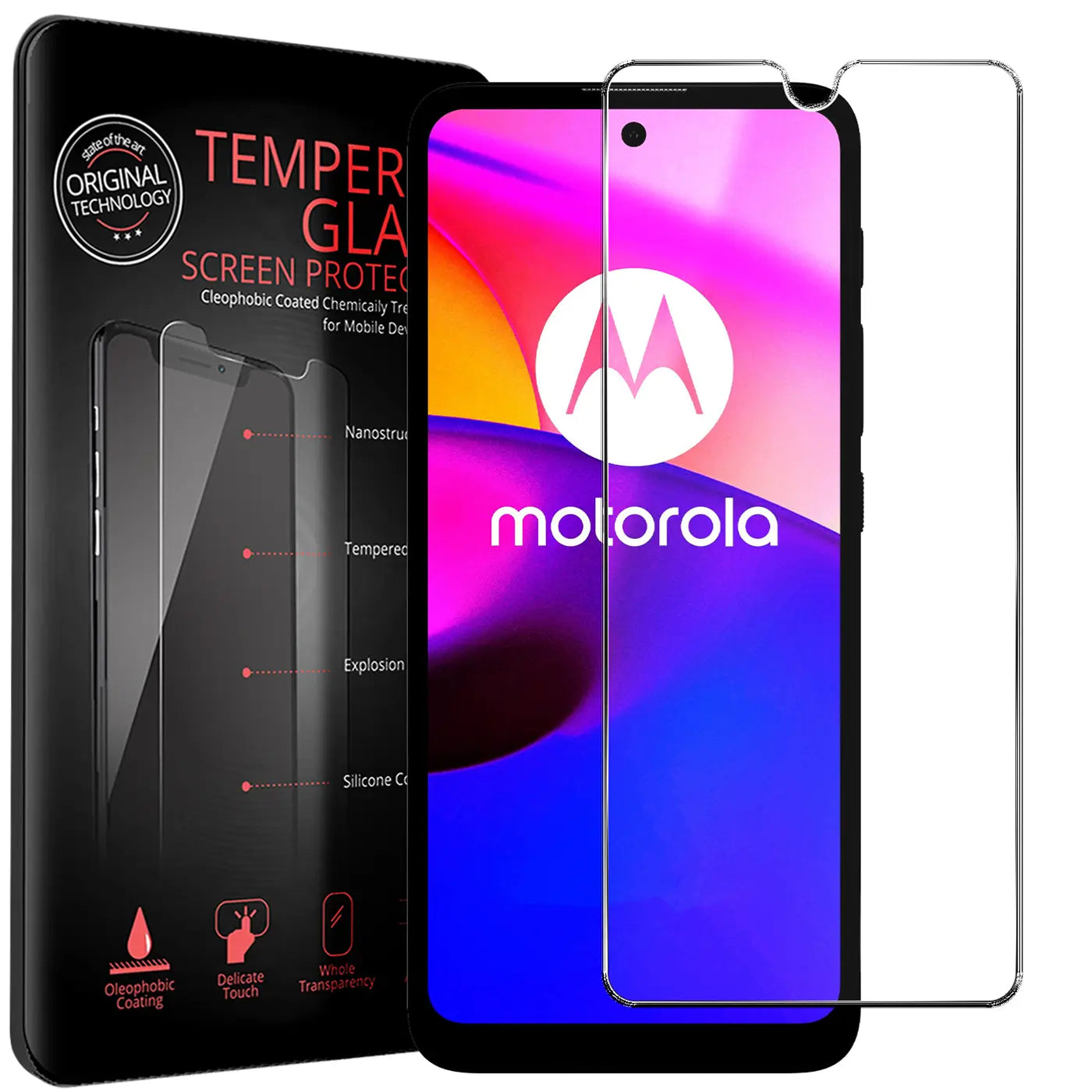 Zwei transparente Panzerglas-Displayschutzfolien für Motorola Moto E20/E30/E40, eine auf dem Display, eine daneben.