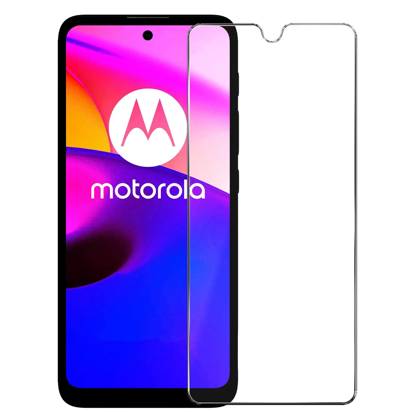 Schwarzes Motorola Moto E20/E30/E40 Smartphone mit buntem Display und daneben liegendem, transparentem.
