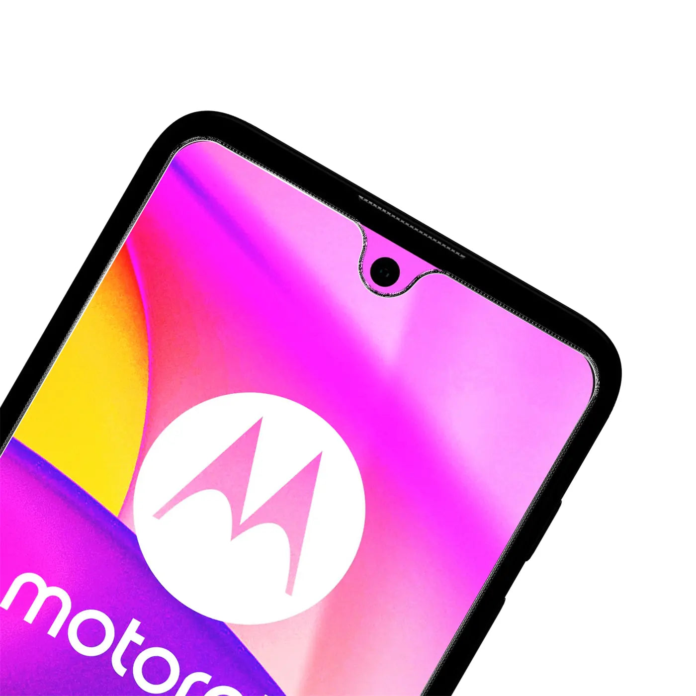 Nahaufnahme des oberen Teils eines Motorola Moto E20/E30/E40 Smartphones mit Panzerglas-Displayschutz.