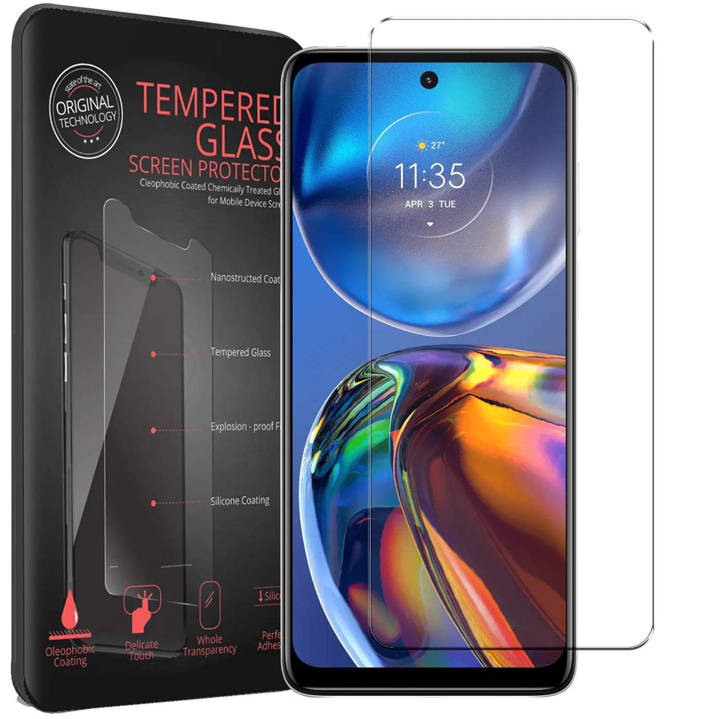 Zwei transparente Panzerglas-Displayschutzfolien für Motorola Moto E32/E32s, eine auf dem Display, eine daneben.