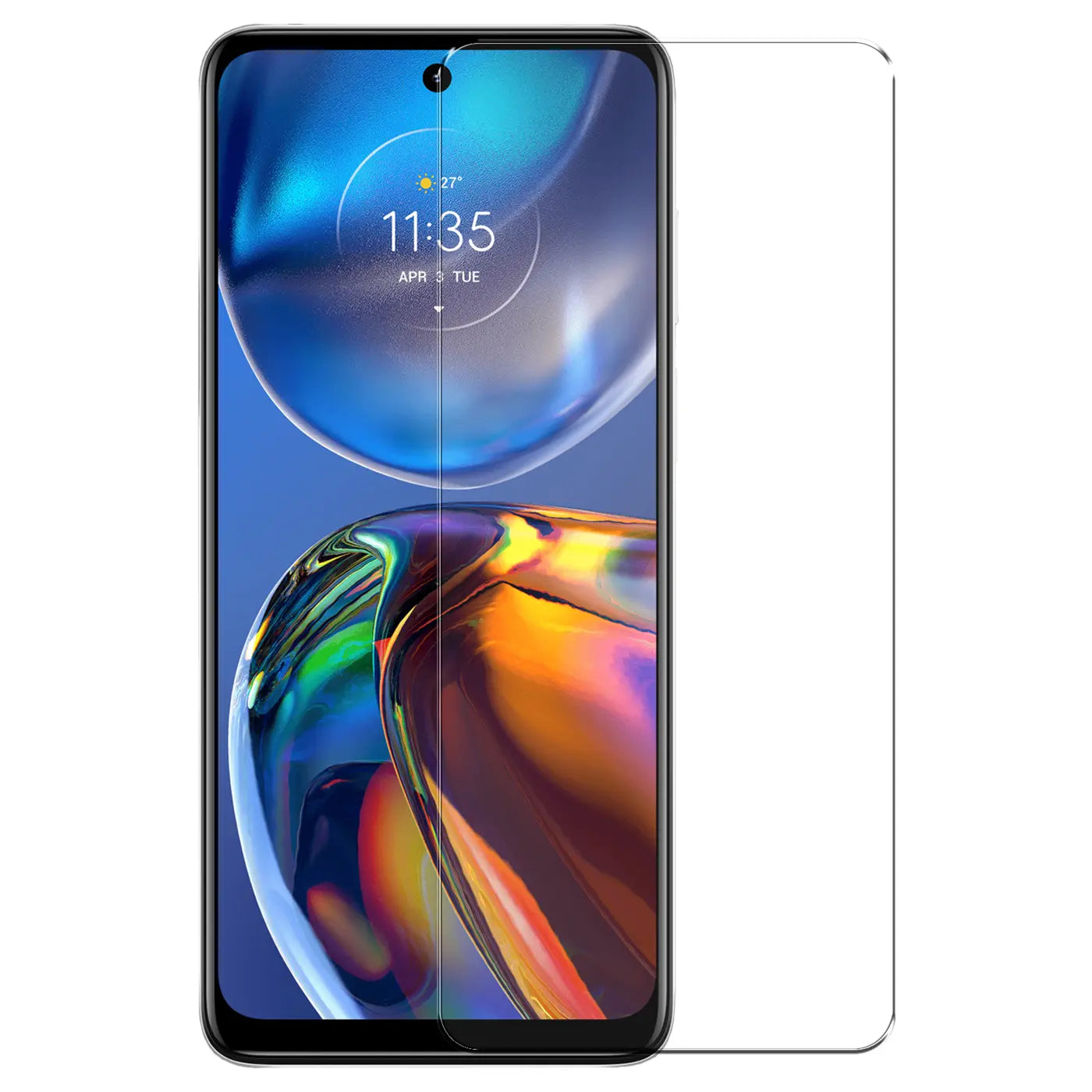 Motorola Moto E32/E32s Smartphone mit transparentem Panzerglas-Displayschutz, schräg von vorne rechts.