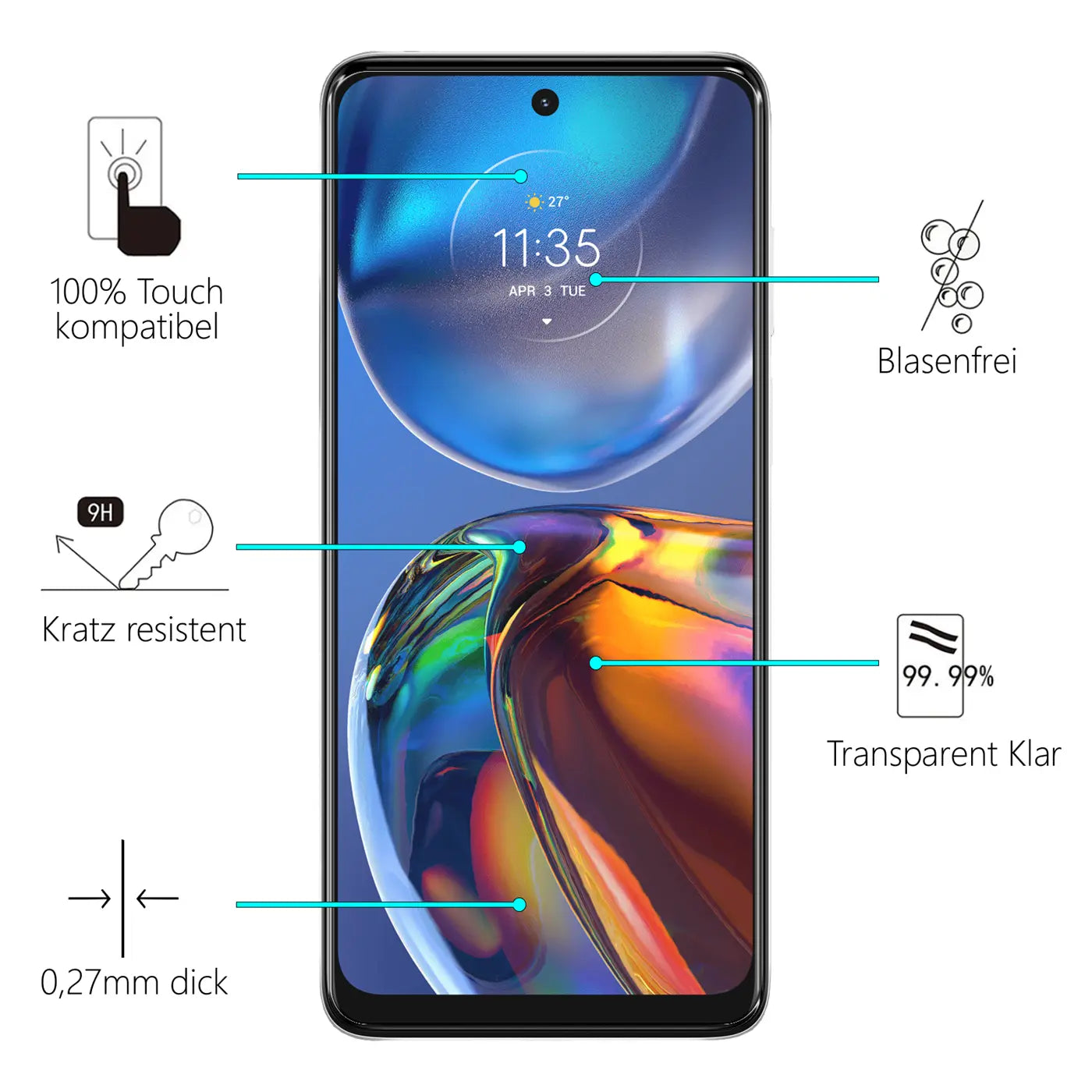Schwarzes Motorola Moto E32/E32s Smartphone mit Panzerglas-Displayschutz, frontal, umgeben von Produktmerkmalen.
