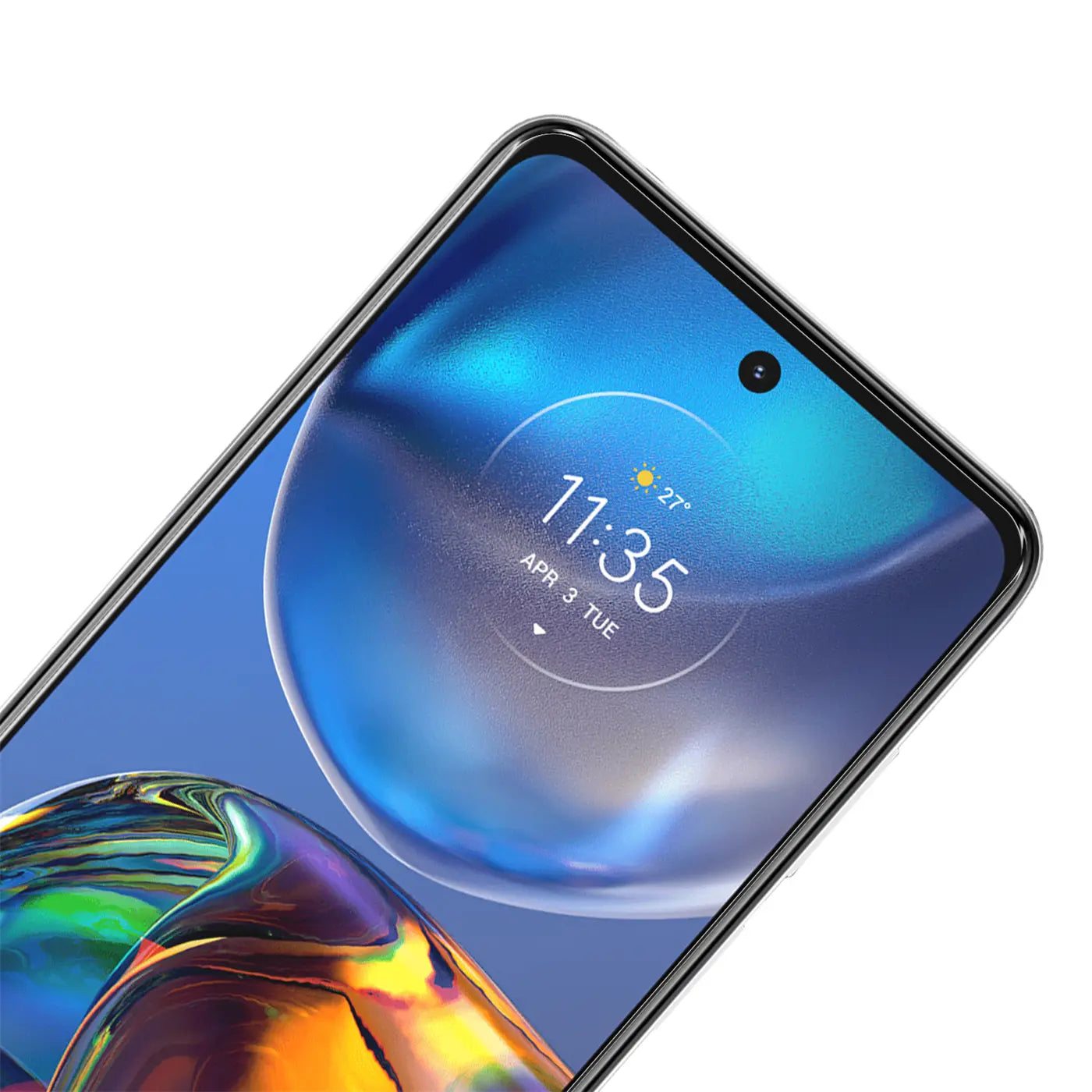 Nahaufnahme eines Motorola Moto E32/E32s Smartphones mit schwarzem Rahmen und farbigem Display, schräg von oben.