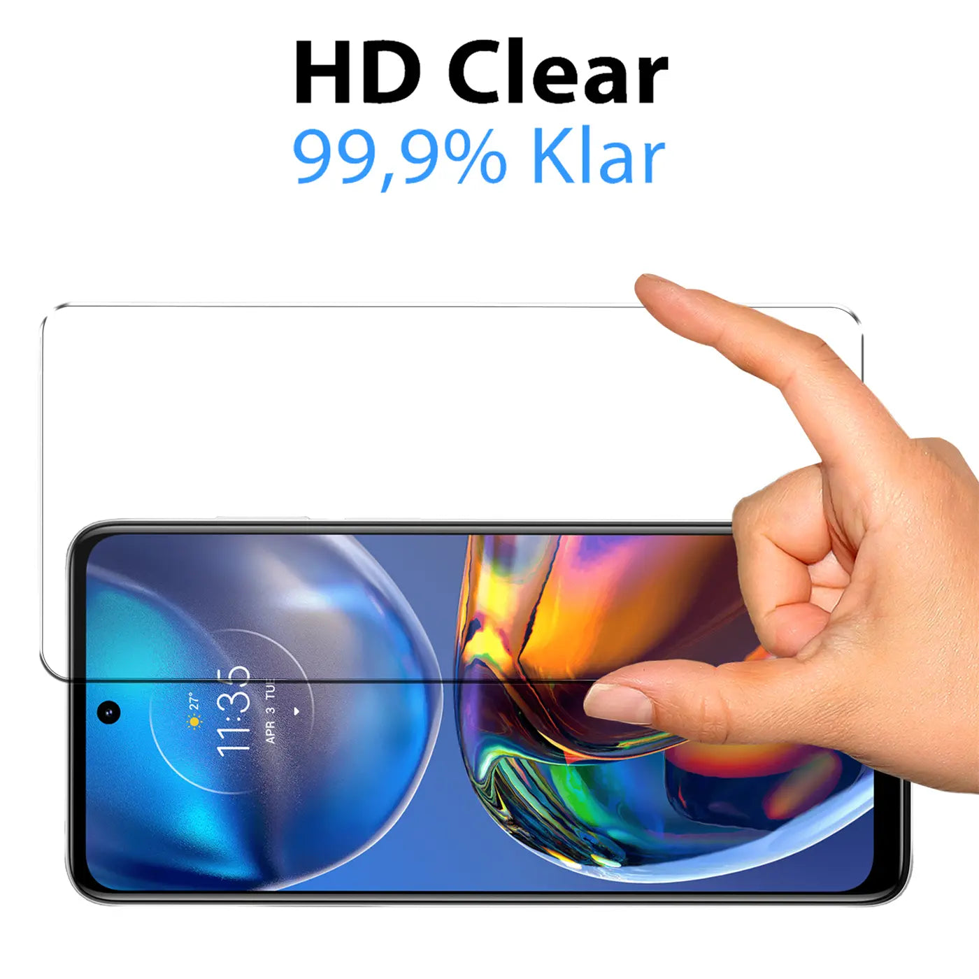 Eine Hand bringt ein klares Panzerglas auf ein schwarzes Motorola Moto E32/E32s. Oben steht "HD Clear 99,9% Klar".