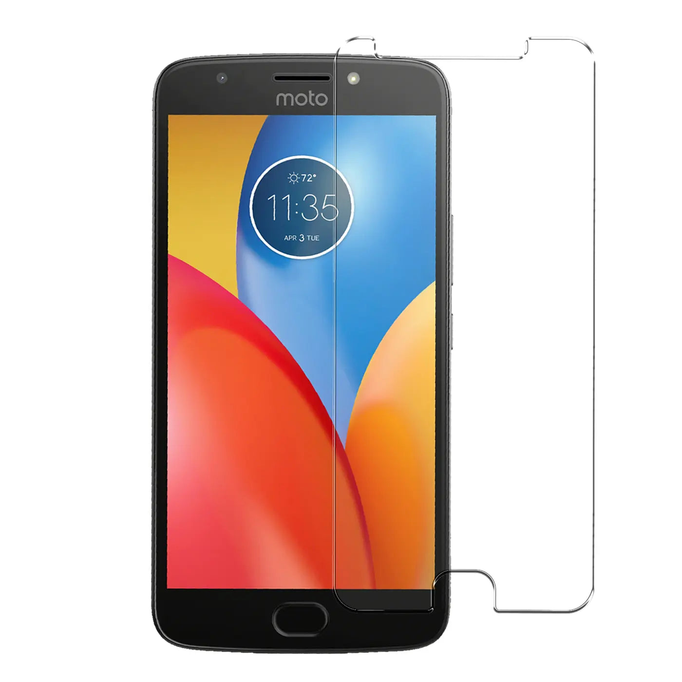 Motorola Moto E4 Smartphone mit transparentem Panzerglas-Displayschutz von vorne, leicht rechts versetzt.