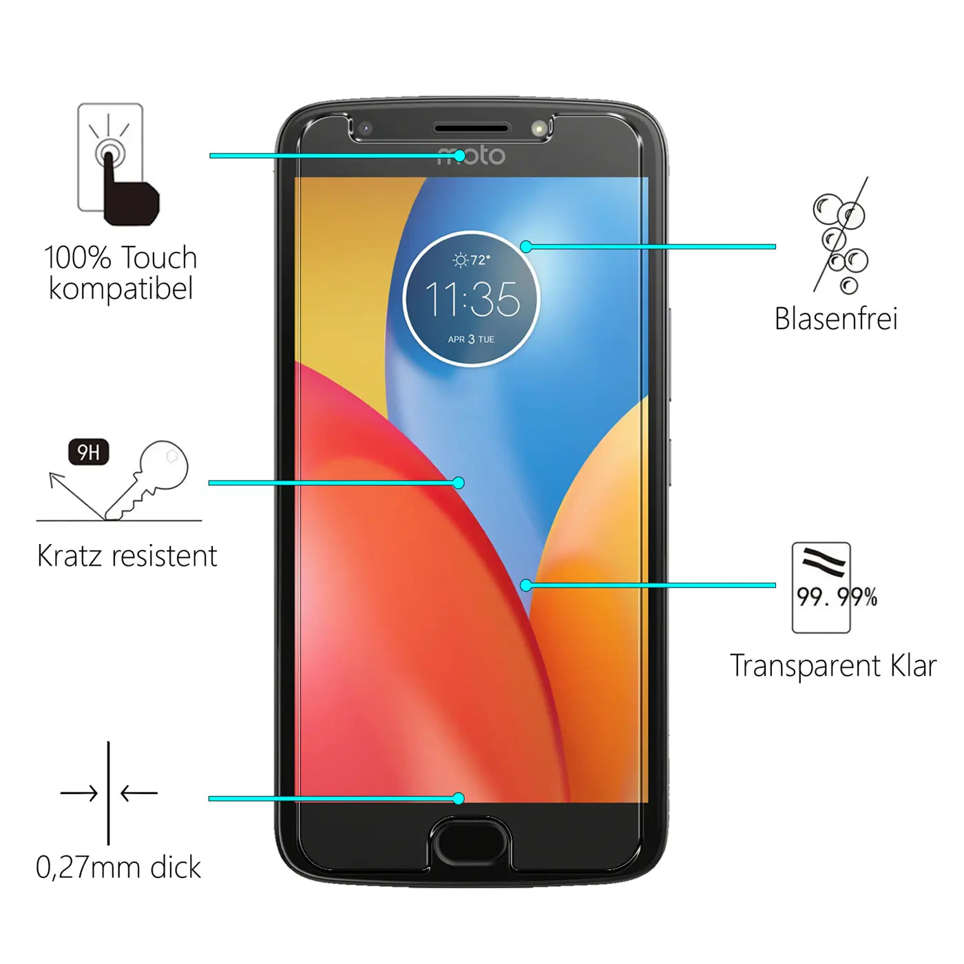 Schwarzes Motorola Moto E4 Smartphone mit transparentem Panzerglas-Displayschutz, von vorne, Eigenschaften hervorgehoben.