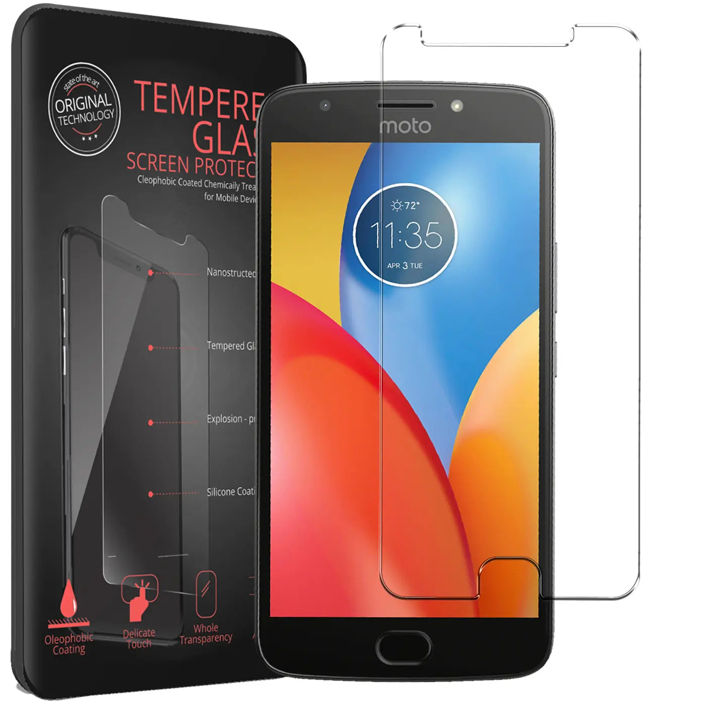 Schwarzes Motorola Moto E4 Plus mit Displayschutzfolie, daneben Verpackung und eine weitere Folie. Frontalansicht.