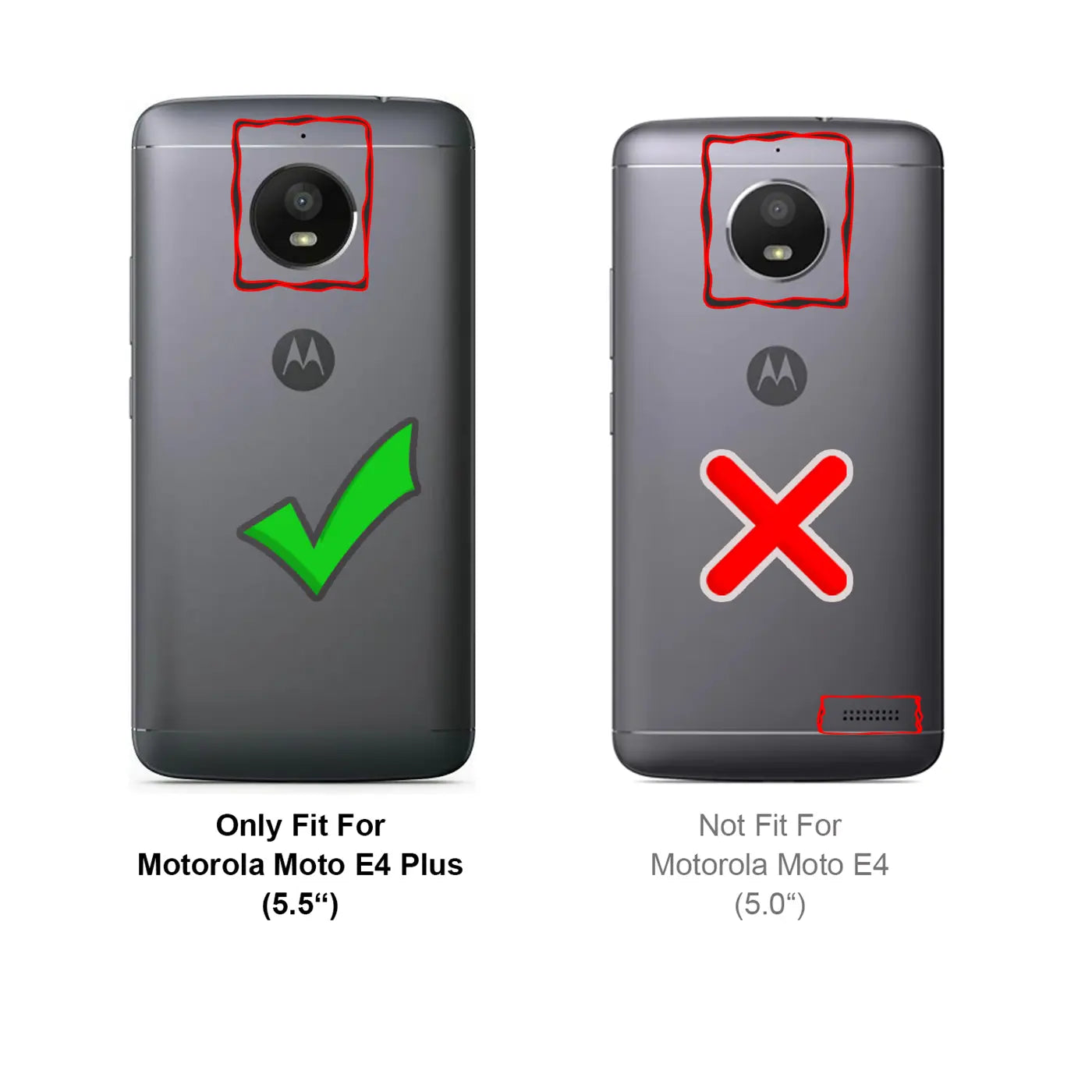 Rückansicht von 2 grauen Motorola Moto E4 Plus Smartphones. Links mit grünem Haken, rechts mit rotem X.
