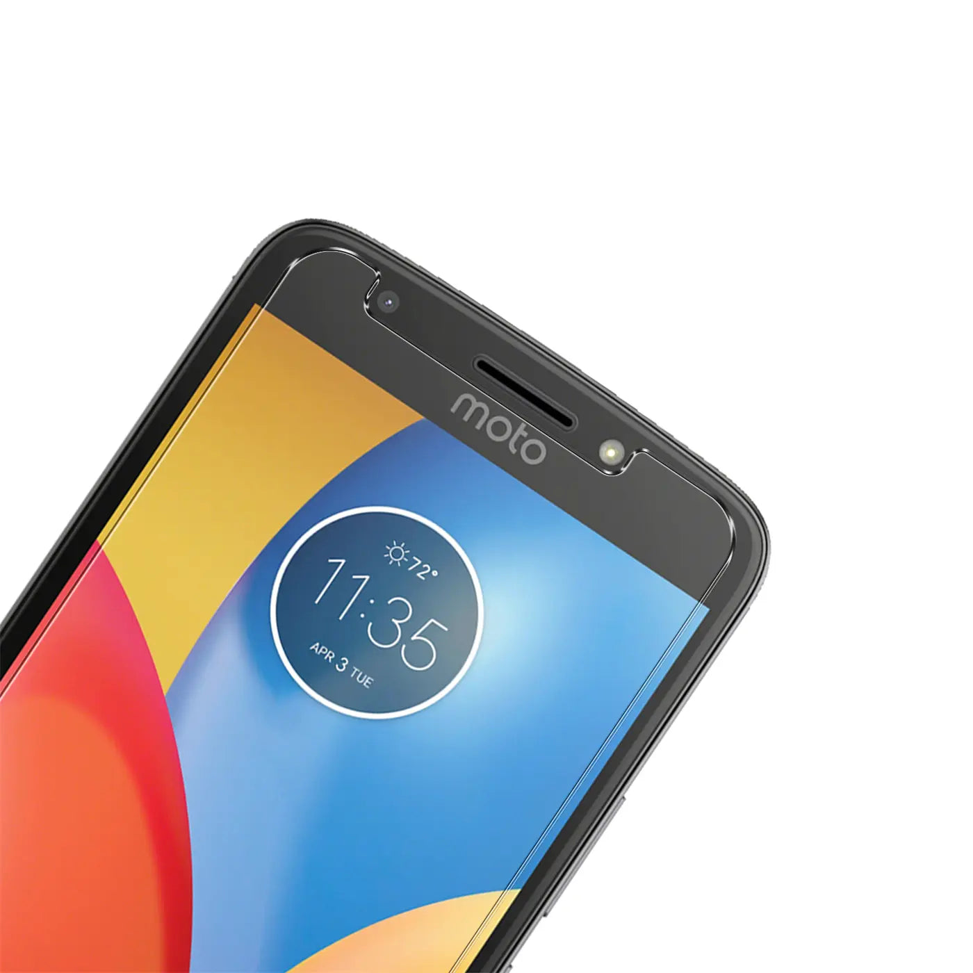 Motorola Moto E4 Plus mit transparentem Panzerglas-Displayschutz, schräg von oben rechts auf das Display blickend.