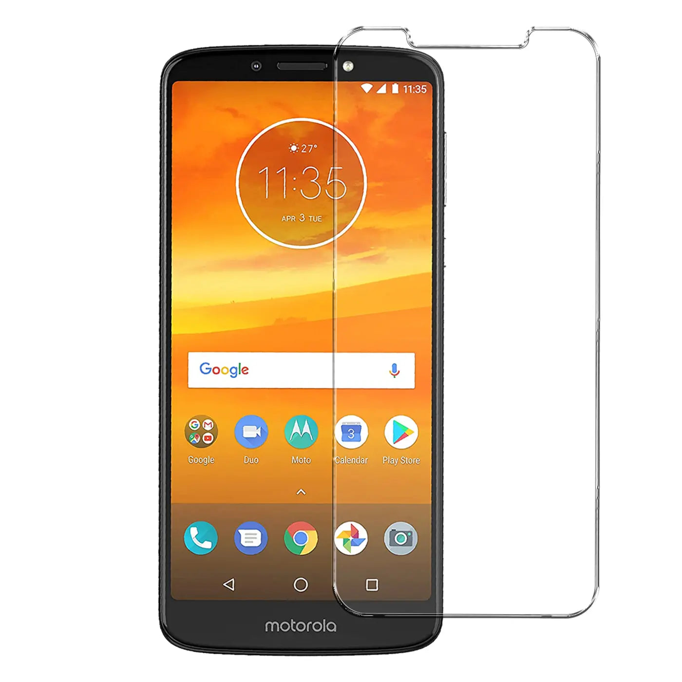 Motorola Moto E5 Smartphone mit transparentem Panzerglas-Displayschutz, von vorne, leicht rechts versetzt.