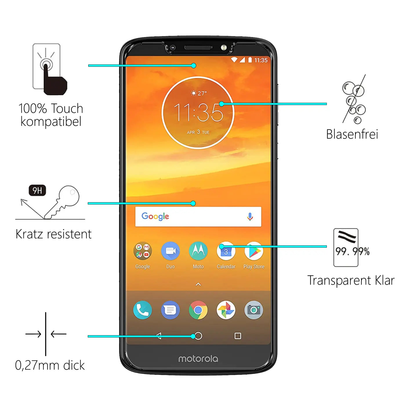 Schwarzes Motorola Moto E5 Smartphone, frontal, mit orangefarbenem Display und Produktmerkmalen des Panzerglases.