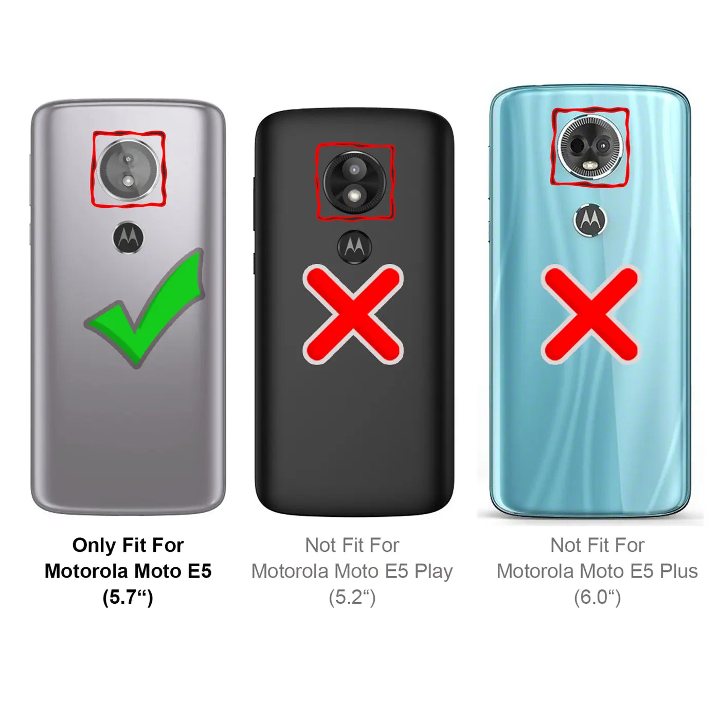 Rückseiten von 3 Motorola Moto E5 Smartphones: Silber (Haken), Schwarz (X), Türkis (X). Kameraaussparungen rot umrandet.