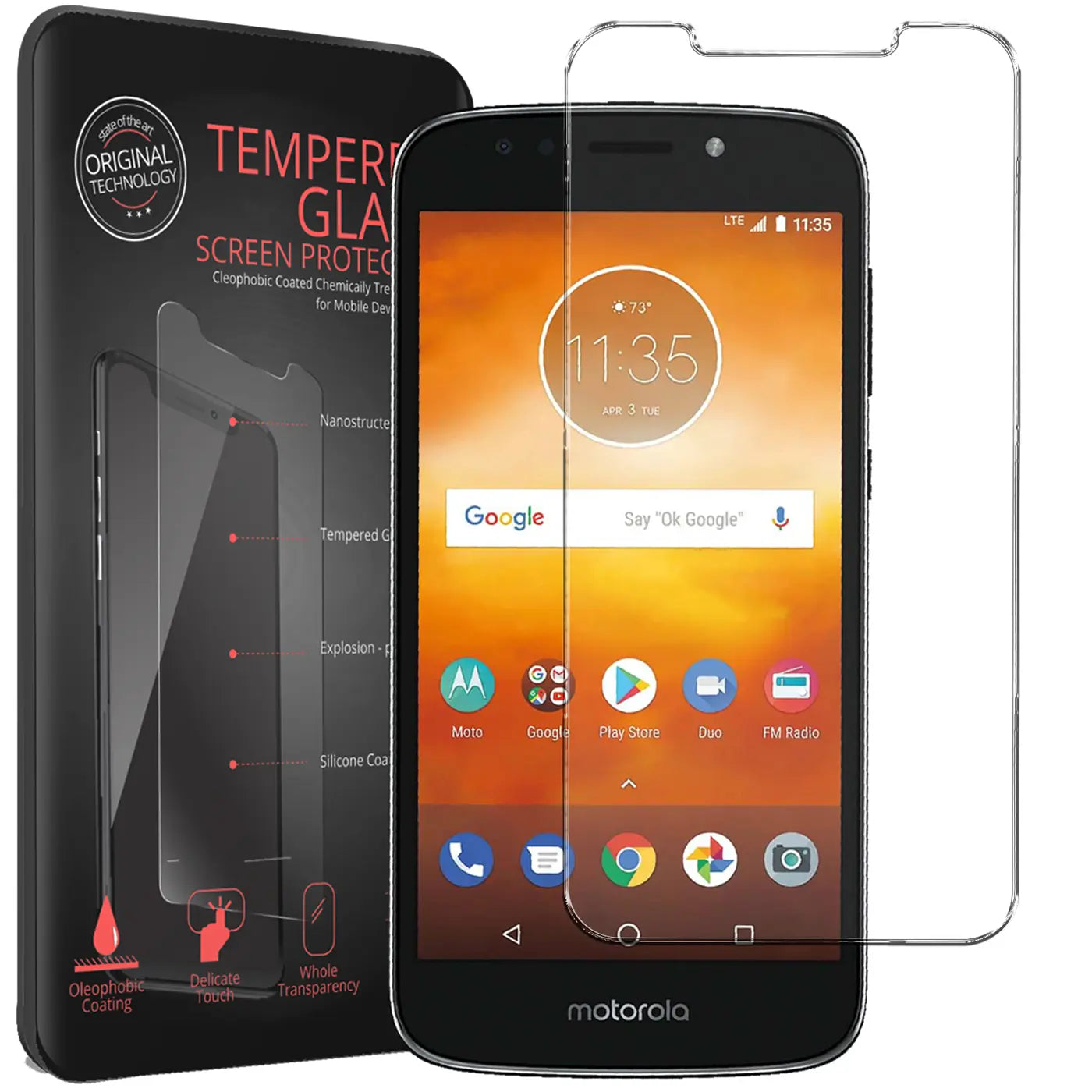 Schwarzes Motorola Moto E5 Play mit Display und Verpackung, daneben ein transparentes Panzerglas von vorne.