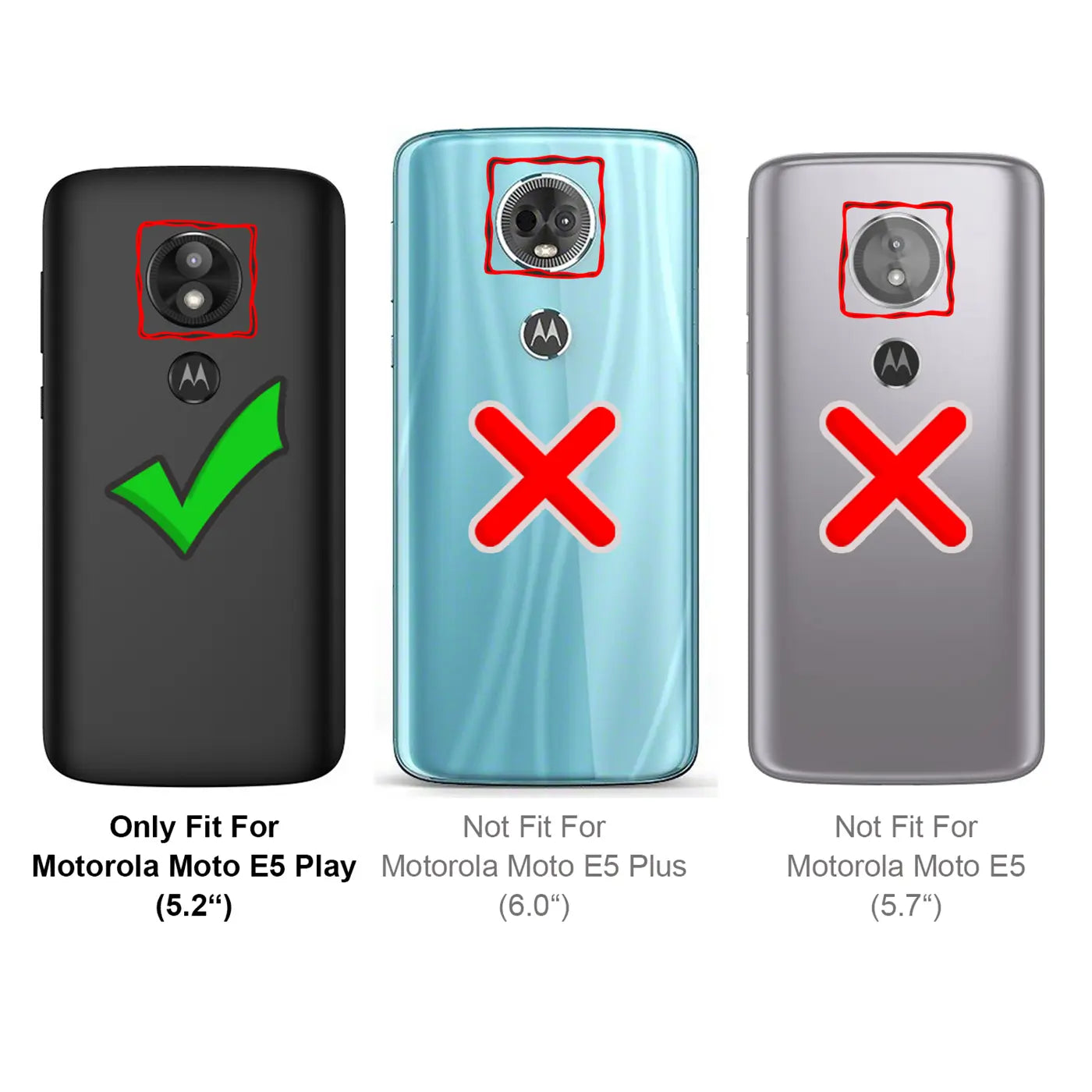 Drei Smartphone-Rückseiten von oben: links schwarz mit grünem Haken (Motorola Moto E5 Play), mitte blau mit rotem X, rechts.