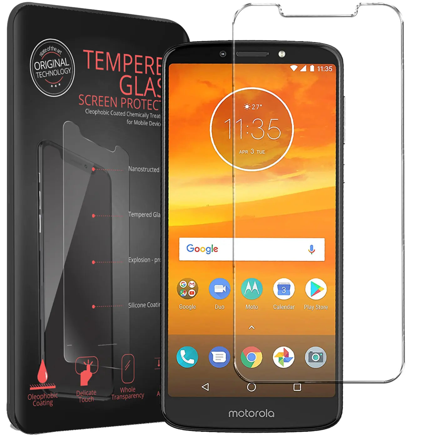 Motorola Moto E5 Plus mit schwarzem Rahmen, daneben ein Panzerglas Displayschutz und die schwarze Verpackung.
