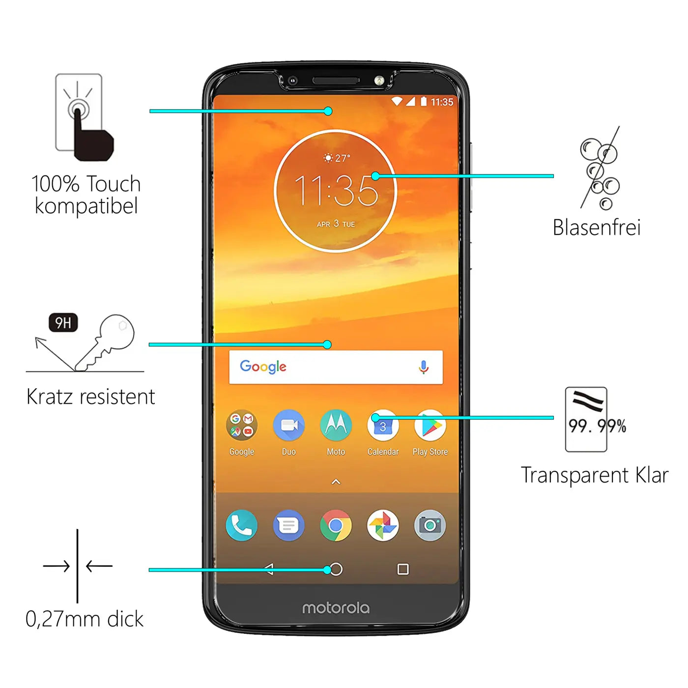 Schwarzes Motorola Moto E5 Plus Smartphone, frontal, mit Panzerglas Displayschutz und Infografiken zu Eigenschaften.