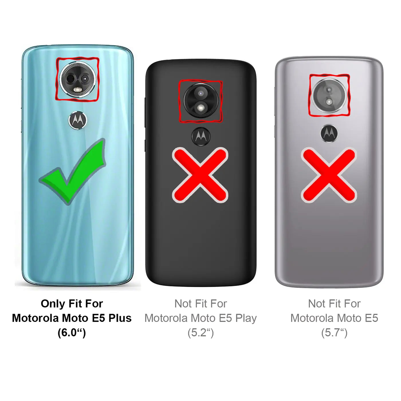 Rückseiten von 3 Motorola Smartphones (blau, schwarz, grau) mit Kameraausschnitt-Vergleich und Haken/Kreuz-Symbolen.