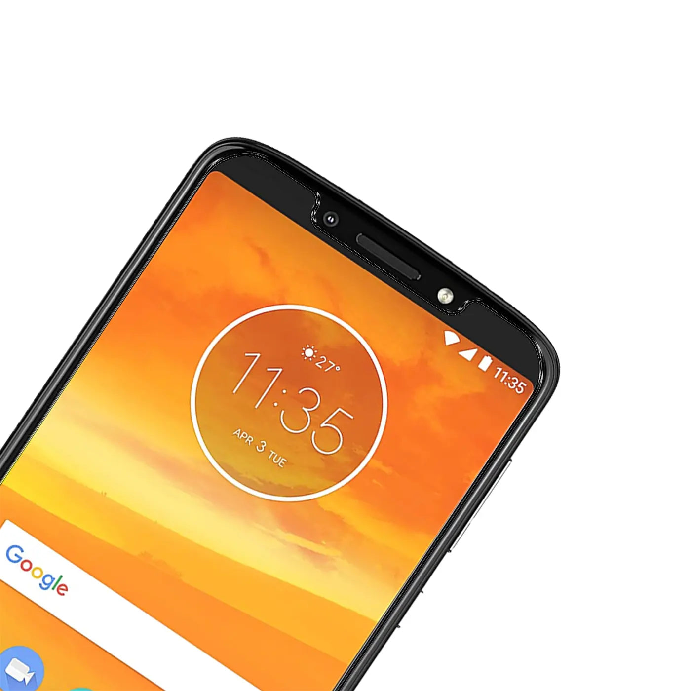 Schwarzes Motorola Moto E5 Plus Smartphone, schräg von oben rechts, mit orangefarbenem Display und Uhrzeit 11:35.