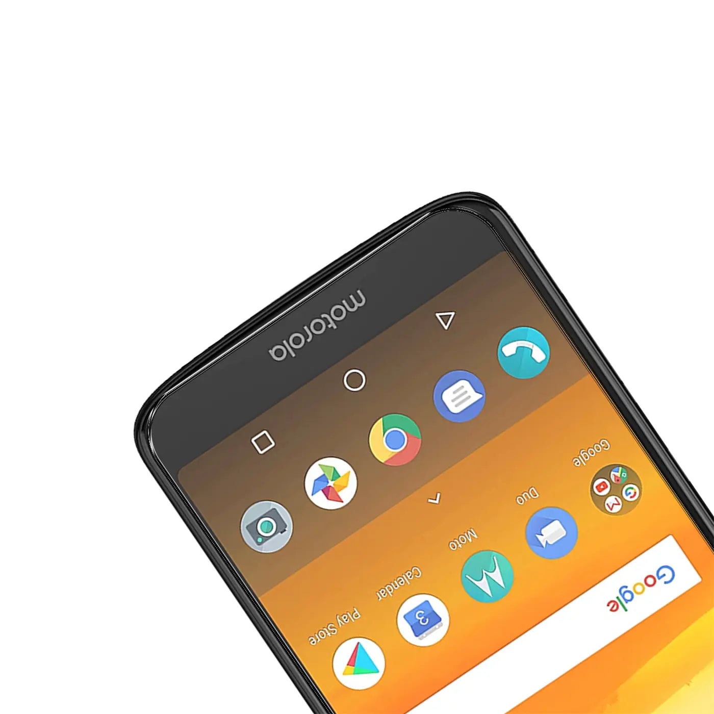 Schwarzes Motorola Moto E5 Plus Handy, Display mit Apps und "motorola"-Logo, schräg von oben rechts.