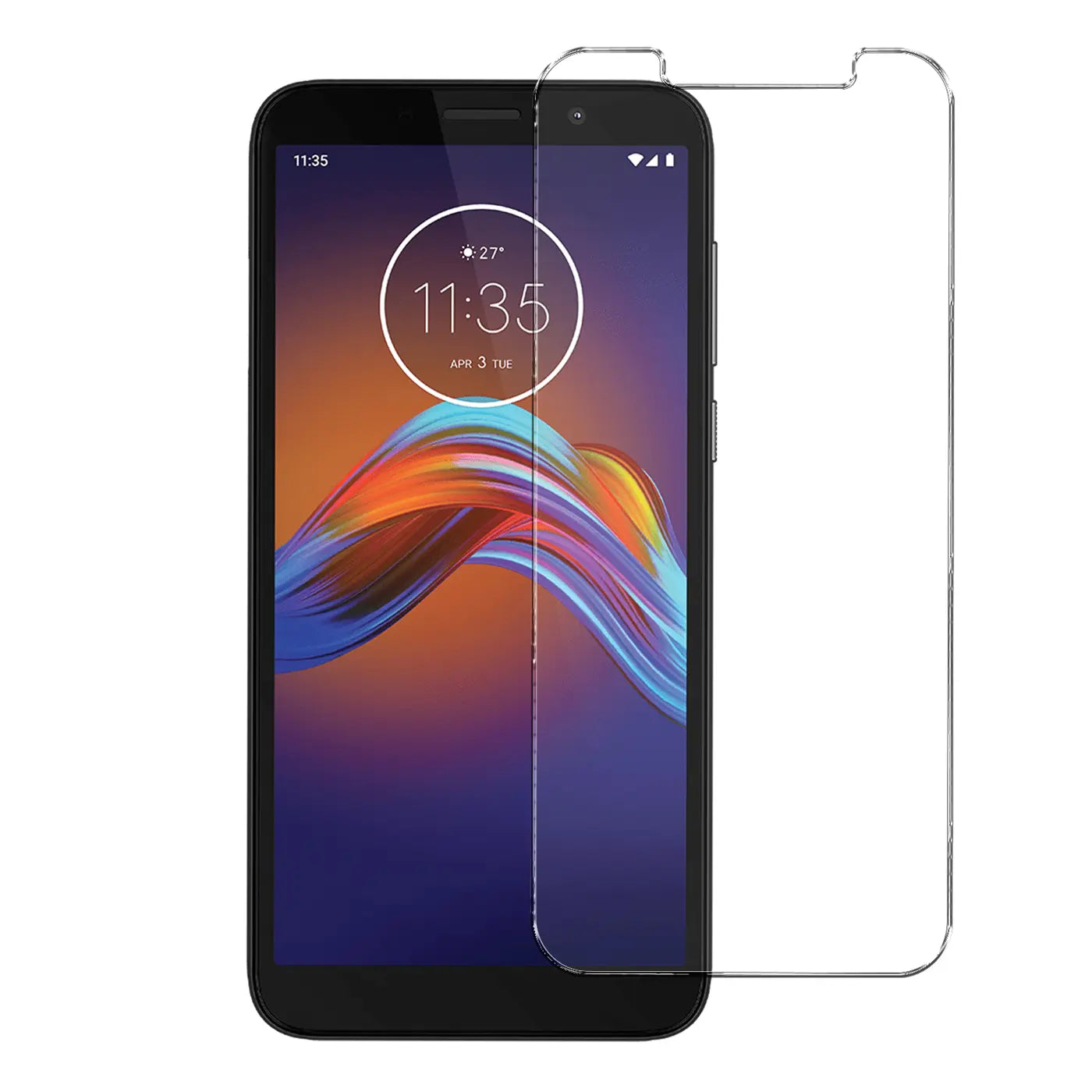 Motorola Moto E6 in Schwarz, frontal, mit halb aufgelegtem, transparentem Panzerglas Displayschutz.
