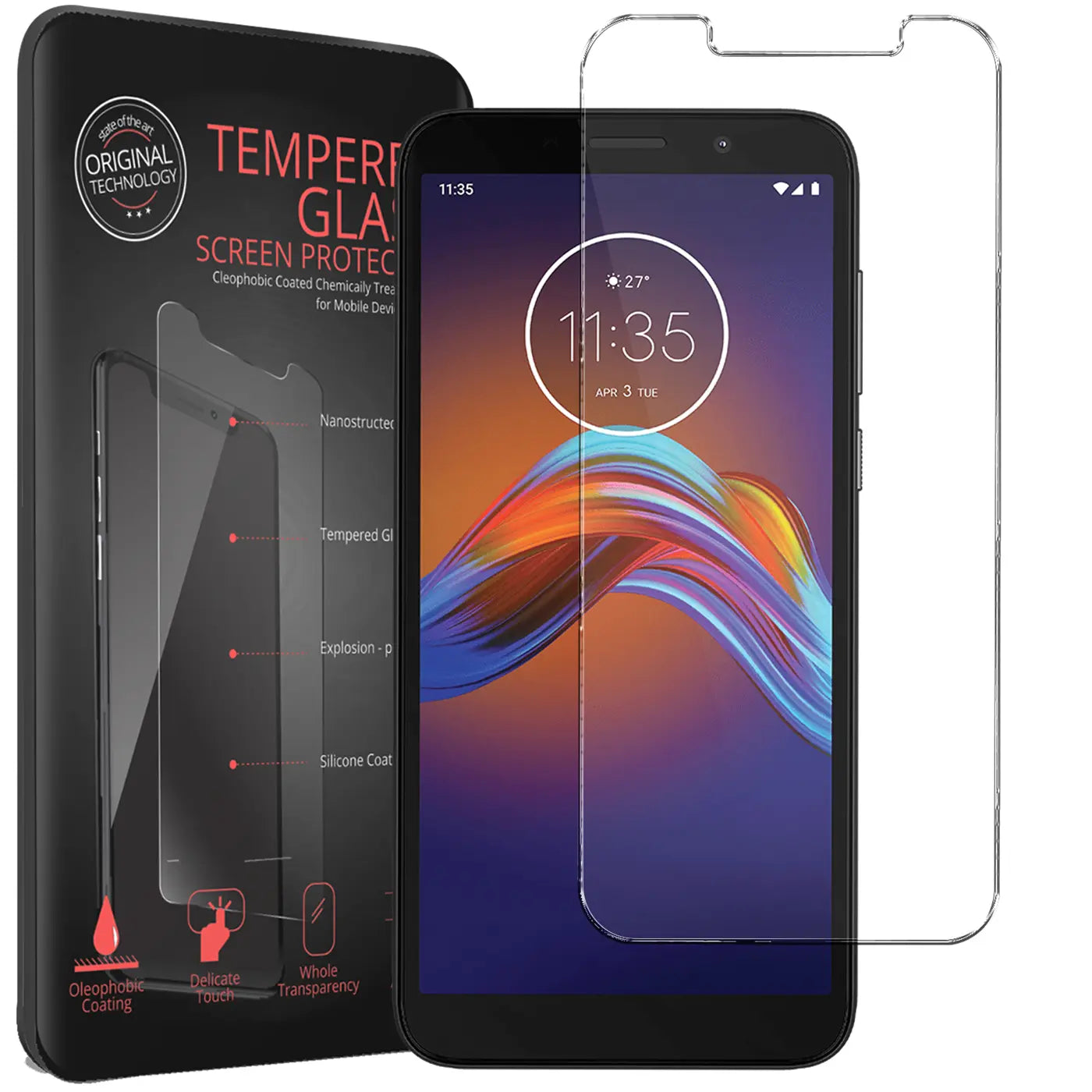 Schwarzes Motorola Moto E6 Play mit farbigem Display, daneben ein Panzerglas Displayschutz und die schwarze Verpackung.