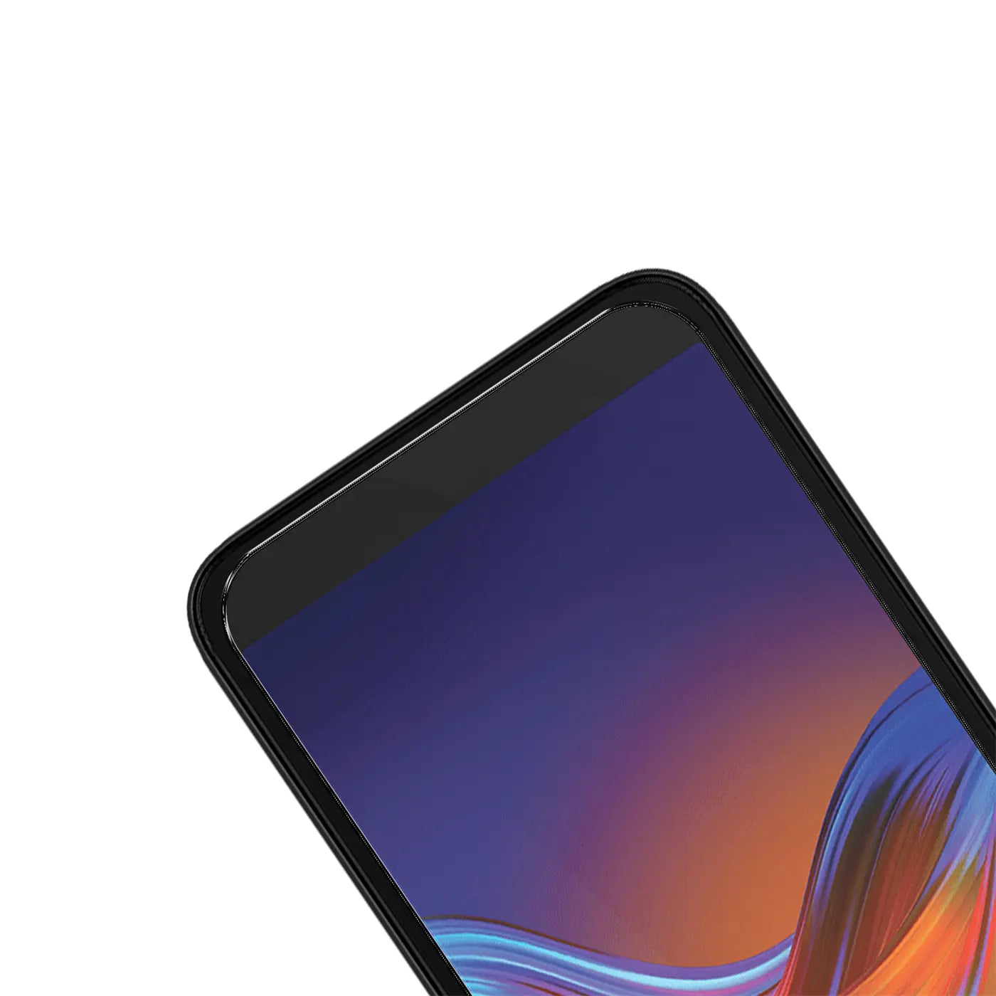 Oberer Teil eines schwarzen Motorola Moto E6 Play Smartphones mit Panzerglas-Displayschutz, schräg von oben.
