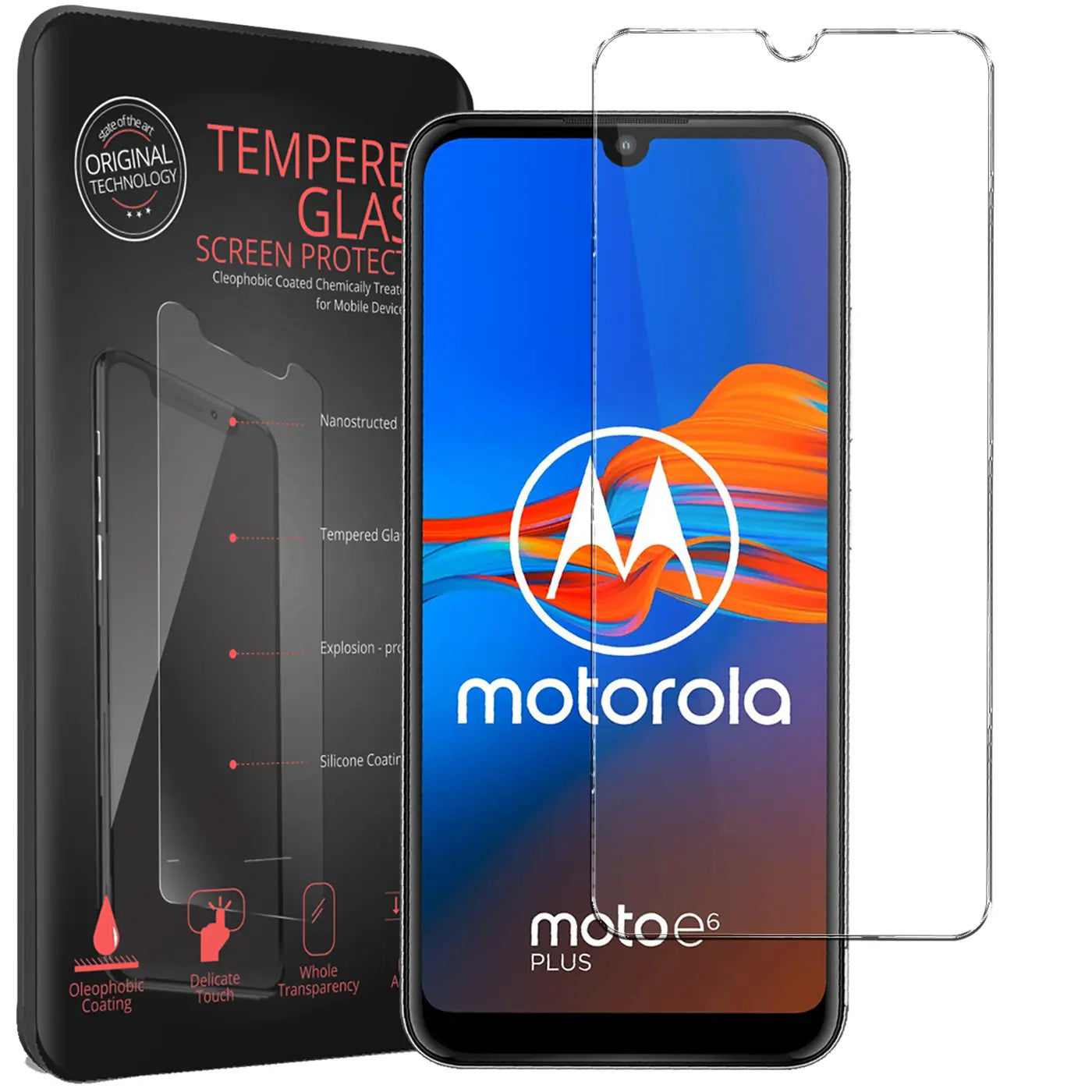 Schwarzes Motorola Moto E6 Plus Smartphone mit Display-Hintergrundbild, daneben zwei transparente.