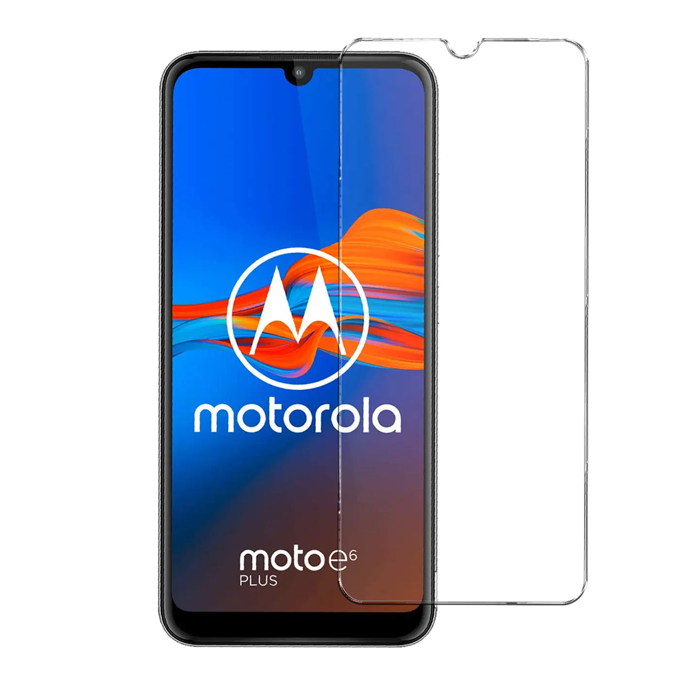 Motorola Moto E6 Plus Smartphone mit transparentem Panzerglas-Displayschutz, frontal auf weißem Hintergrund.