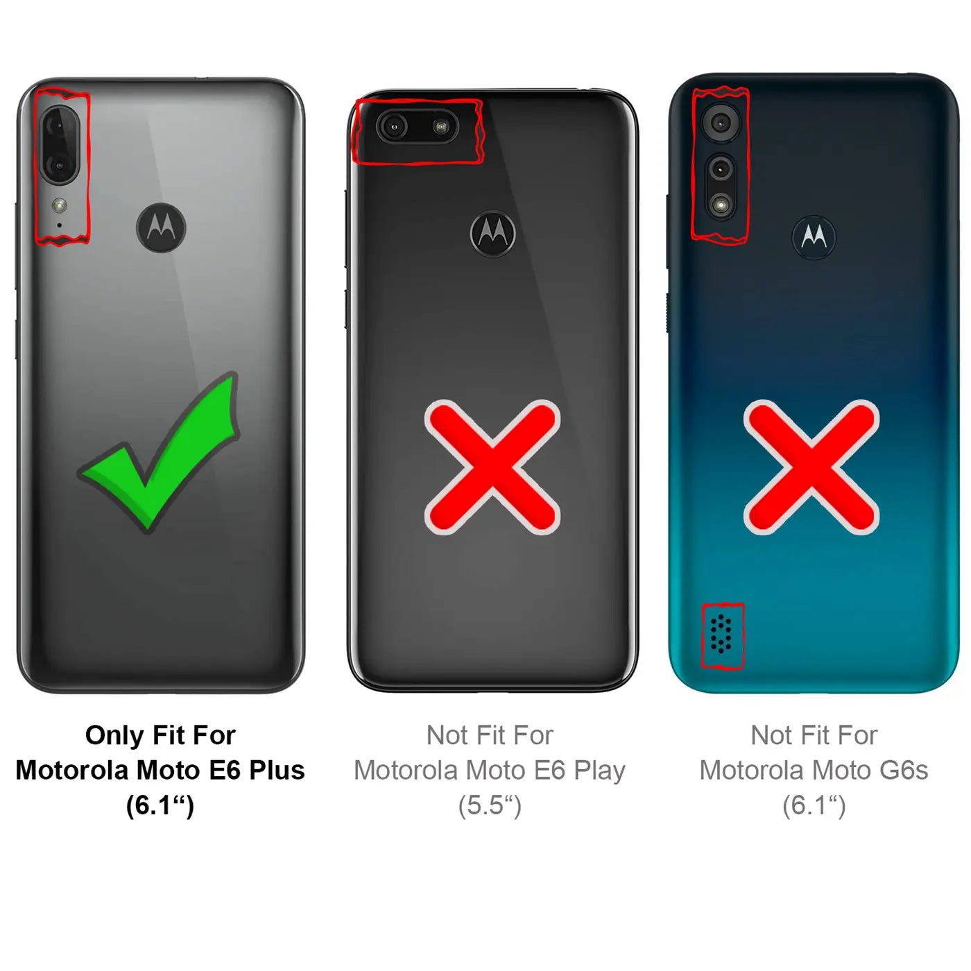Rückseiten von 3 Motorola Smartphones (E6 Plus, E6 Play, G6s) von oben, mit Haken/X zur Kompatibilität.
