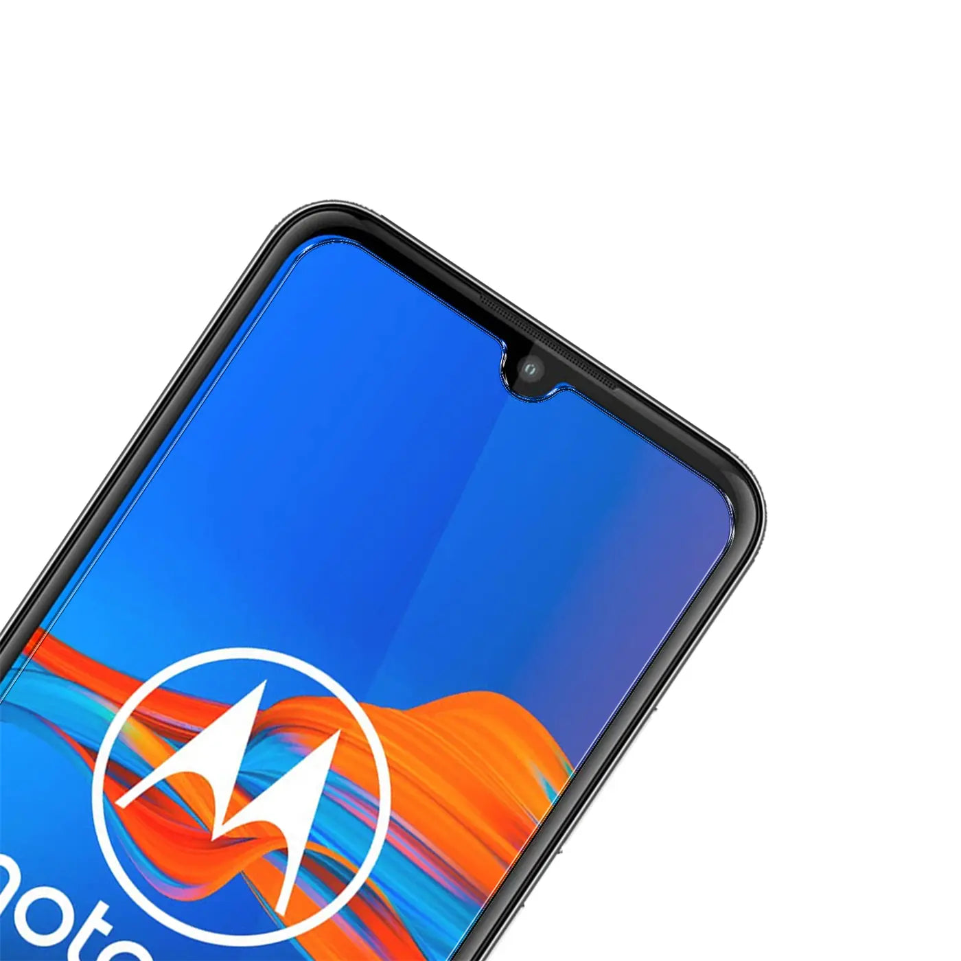 Schwarzes Motorola Moto E6 Plus Smartphone mit blauem Display und weißem Motorola-Logo, schräg von oben.