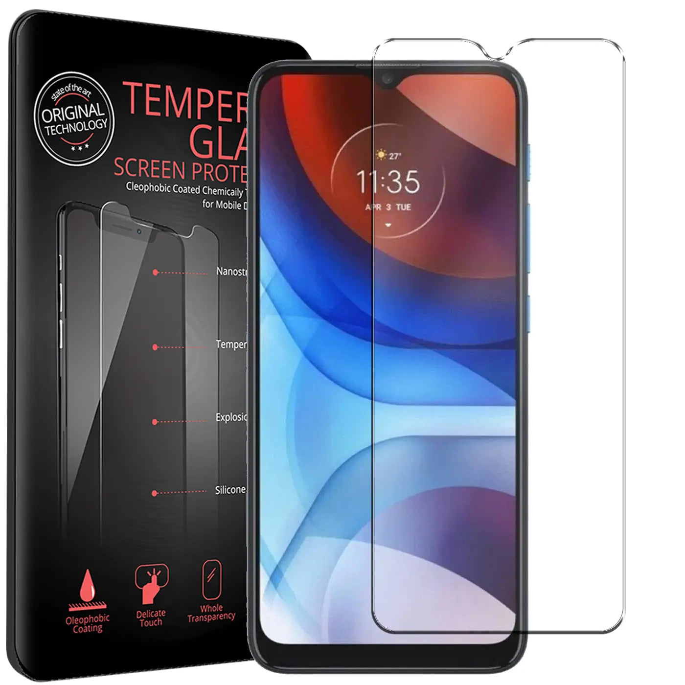 Zwei transparente Panzerglas-Displayschutzfolien für Motorola Moto E7, eine auf dem Handy, eine daneben. Schwarze Verpackung.